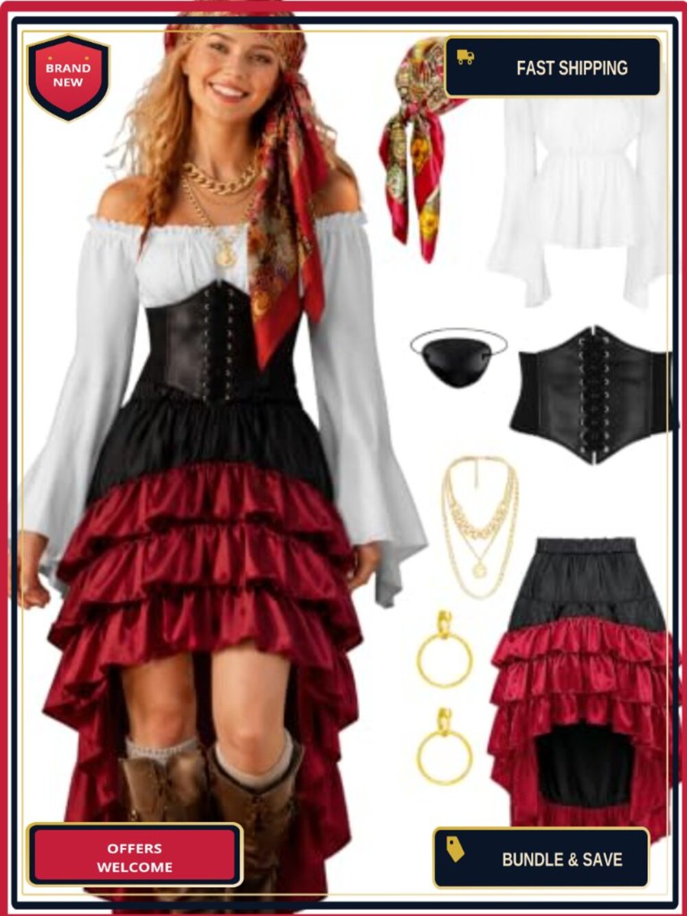Pirate Costume Women Off-Shoulder Blouse Corset High-Low Satin Skirt 7-Piece Set